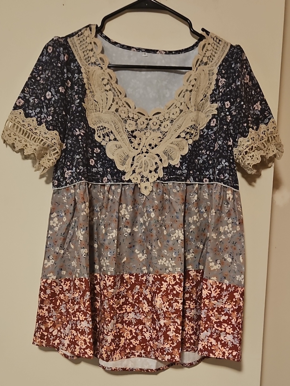 Patchwork Floral Lace-Trim Tunic Top - Navy, Gray & Rust
